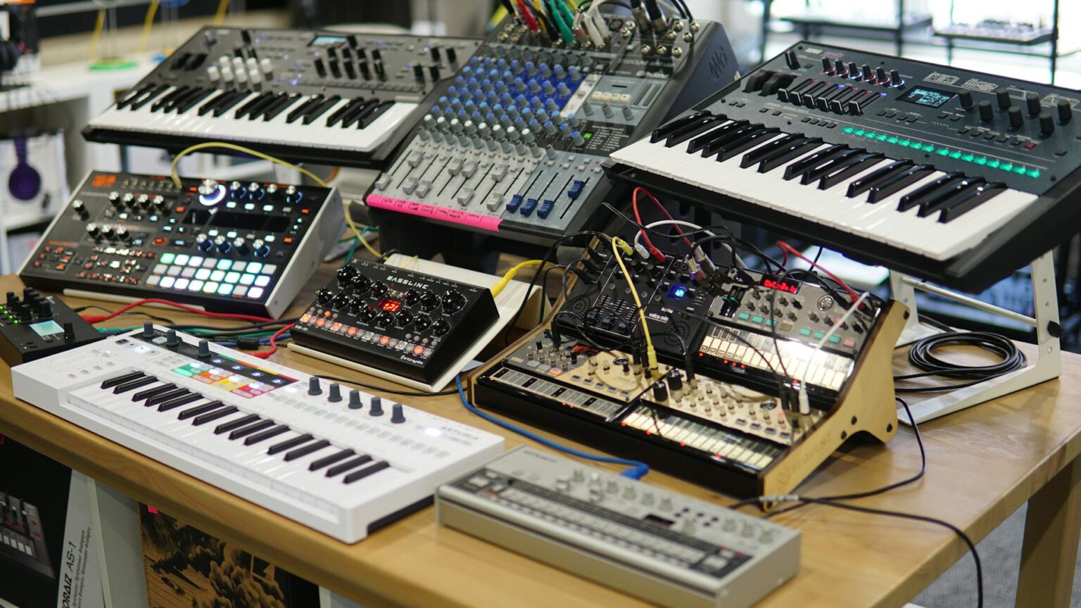 Jakie syntezatory dominują w hardstyle? A diverse setup of electronic music production equipment on a wooden table, featuring synthesizers and sound mixers.